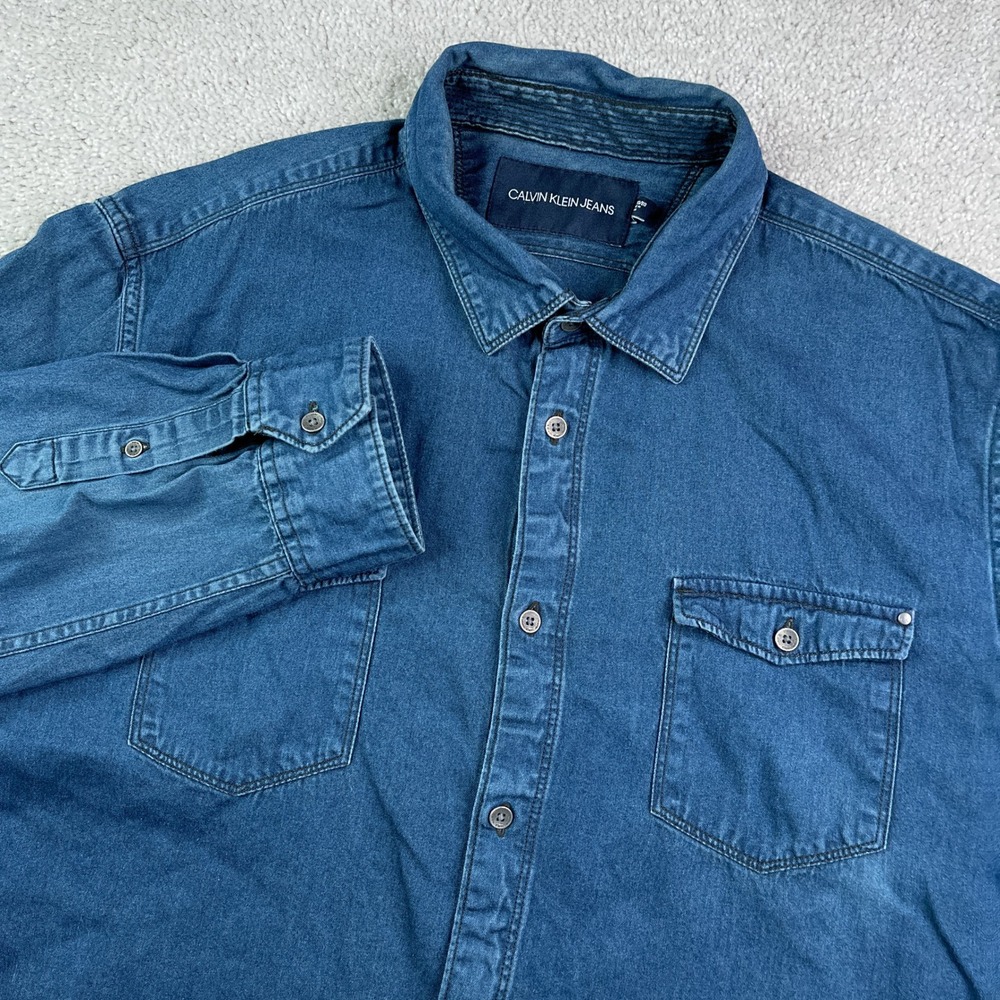 Calvin Klein Shirt Mens XL Blue Denim Long Sleeve Pockets Utility Casual Rugged